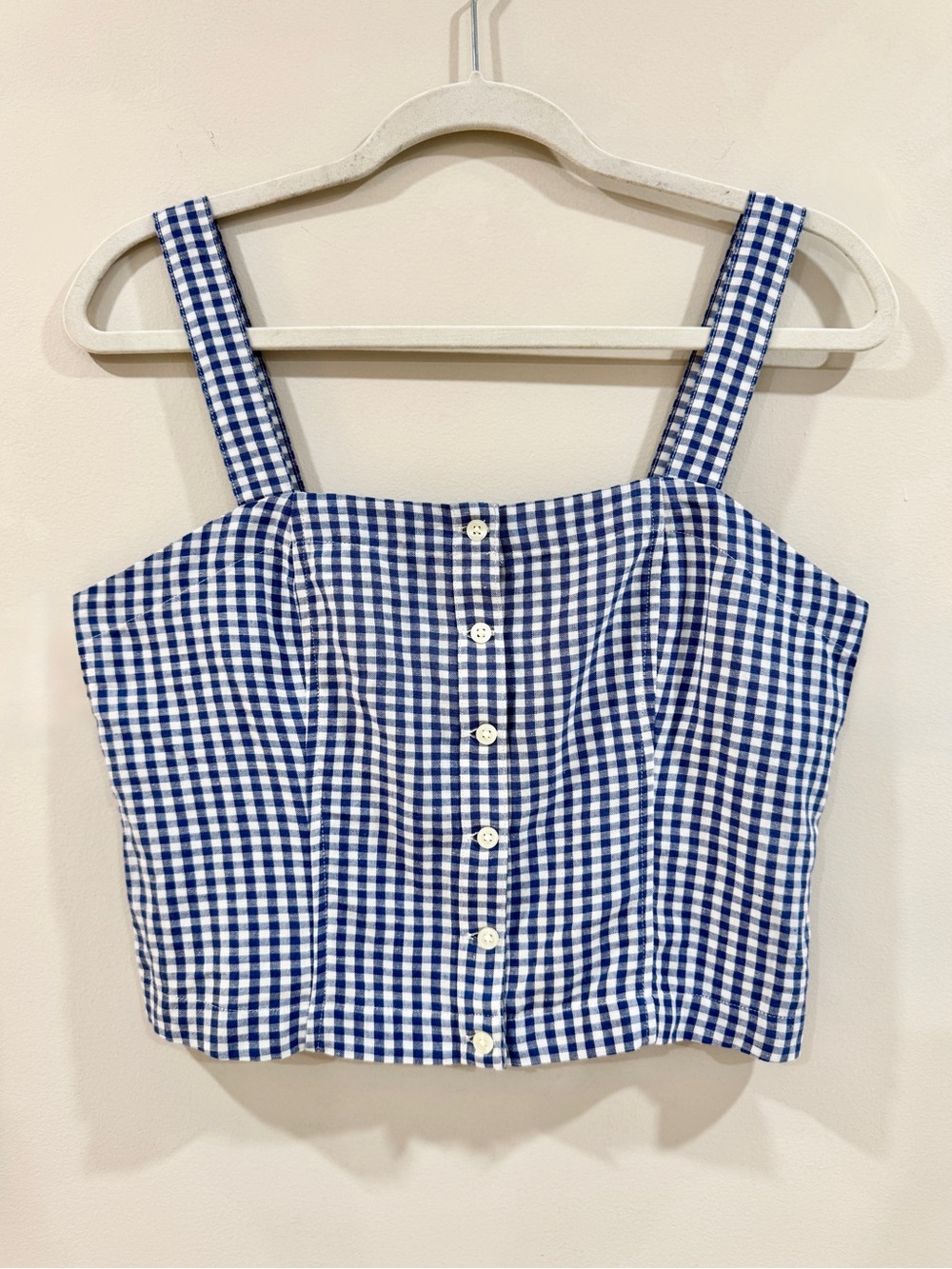 Levi's Gingham Crop Tank Blue White Button Front Top Smocked Back Cottagecore M
